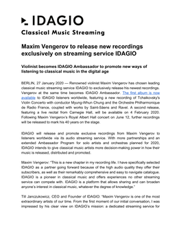 Maxim Vengerov to Release New Recordings Exclusively on Streaming Service IDAGIO