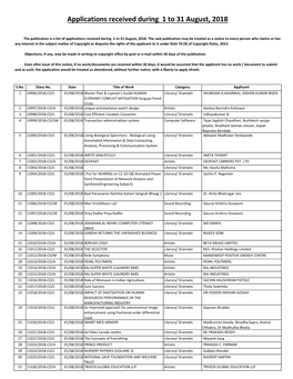 Applications Received During 1 to 31 August, 2018