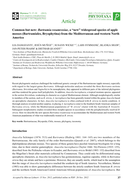 Bartramia Rosamrosiae, a “New” Widespread Species of Apple Mosses (Bartramiales, Bryophytina) from the Mediterranean and Western North America