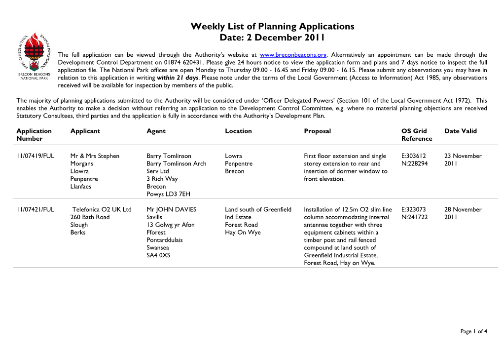 Weekly List of Planning Applications Date: 2 December 2011