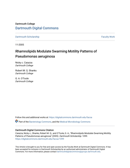 Rhamnolipids Modulate Swarming Motility Patterns of Pseudomonas Aeruginosa