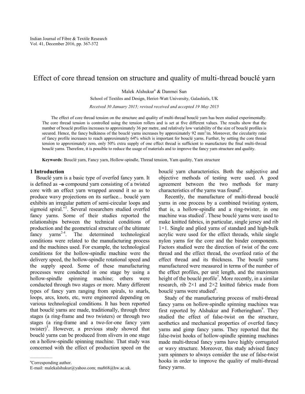 Effect of Core Thread Tension on Structure and Quality of Multi-Thread Bouclé Yarn