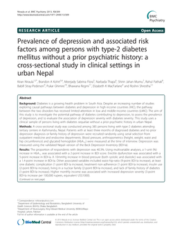 Prevalence of Depression and Associated Risk Factors Among Persons with Type-2 Diabetes Mellitus Without a Prior Psychiatric