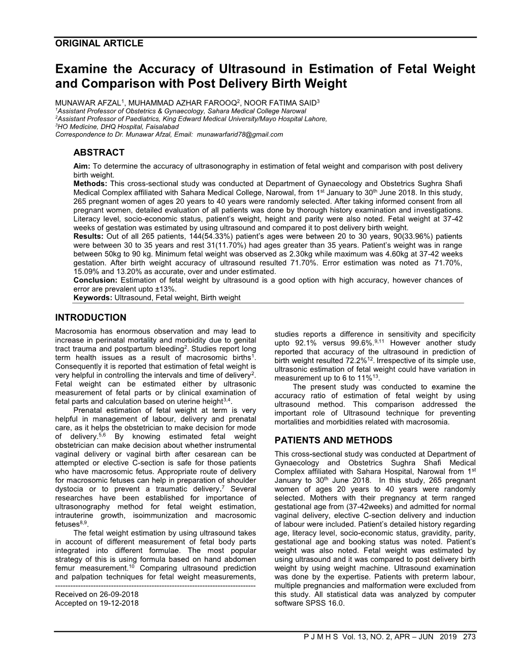 Examine the Accuracy of Ultrasound in Estimation of Fetal Weight and Comparison with Post Delivery Birth Weight