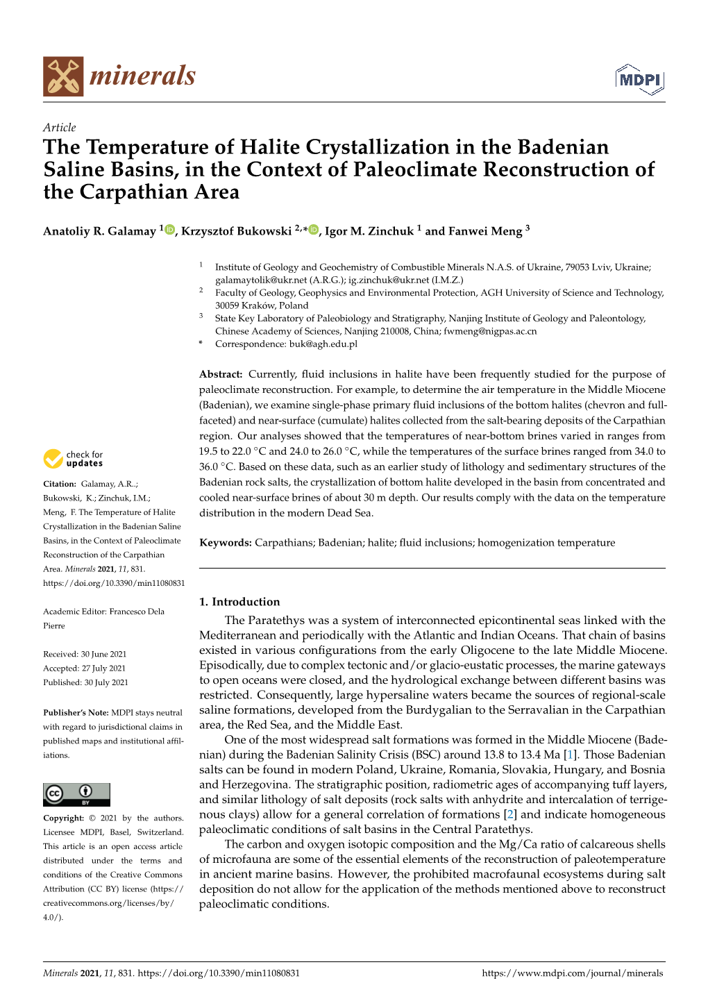 The Temperature of Halite Crystallization in the Badenian Saline Basins, in the Context of Paleoclimate Reconstruction of the Carpathian Area