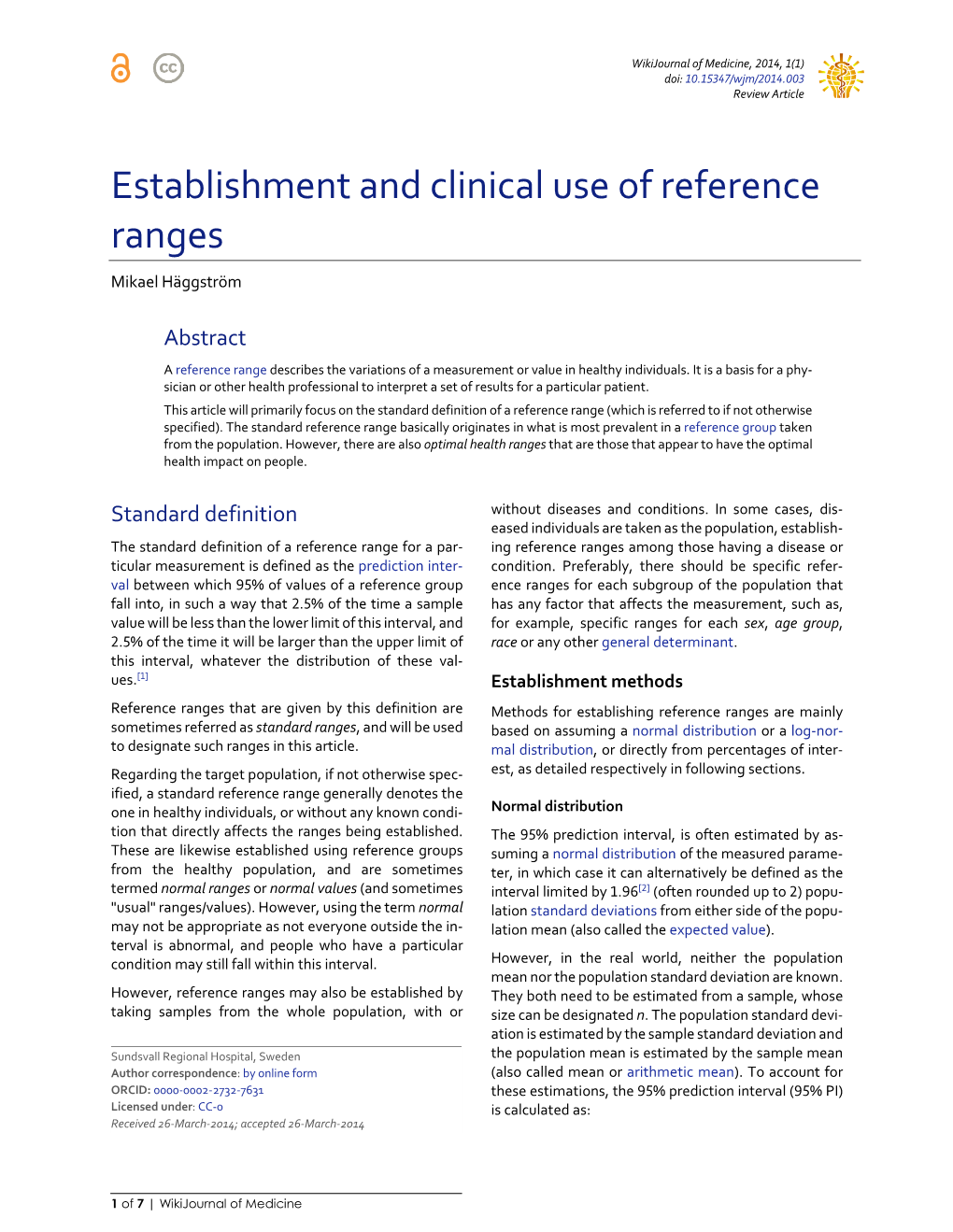 Establishment and Clinical Use of Reference Ranges Mikael Häggström