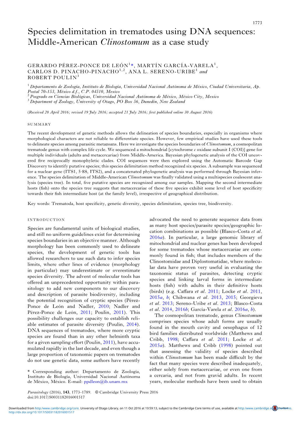 Species Delimitation in Trematodes Using DNA Sequences: Middle-American Clinostomum As a Case Study