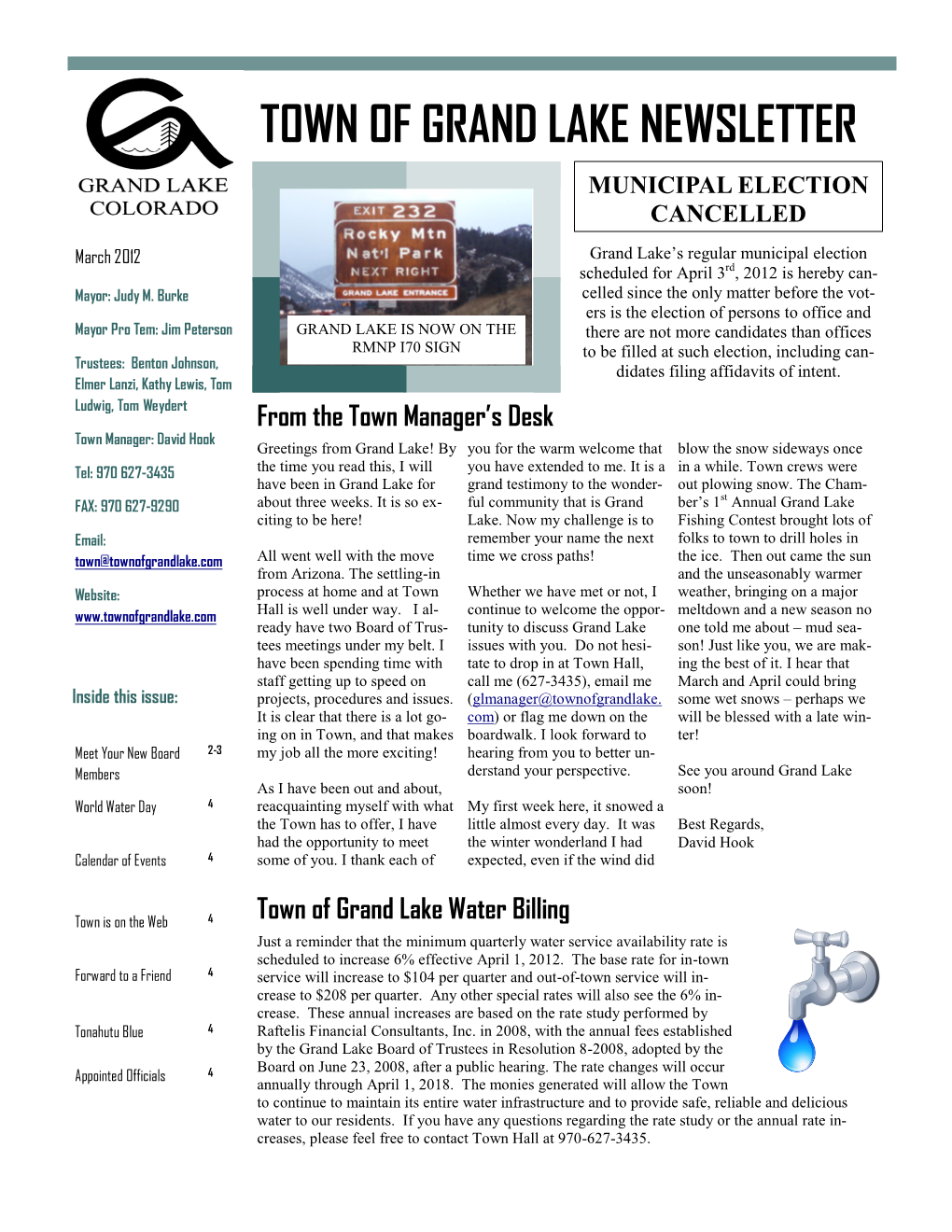 Town of Grand Lake Newsletter Municipal Election Cancelled