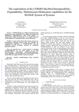 The Exploitation of the COSMO-Skymed Interoperability, Expandability, Multimission-Multisensor Capabilities for the SIASGE System of Systems