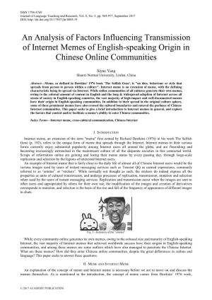 An Analysis of Factors Influencing Transmission of Internet Memes of English-Speaking Origin in Chinese Online Communities