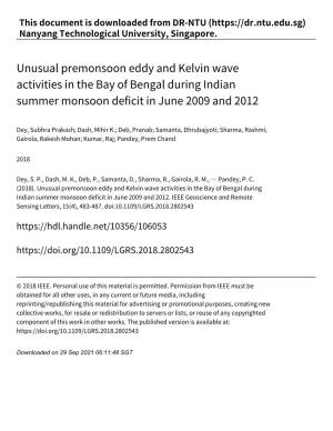 Unusual Premonsoon Eddy and Kelvin Wave Activities in the Bay of Bengal During Indian Summer Monsoon Deficit in June 2009 and 2012