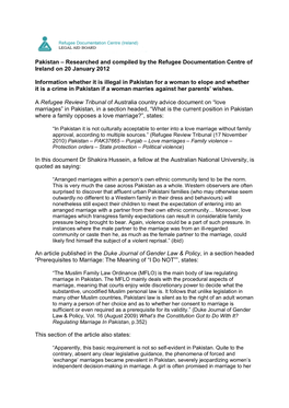 Pakistan – Researched and Compiled by the Refugee Documentation Centre of Ireland on 20 January 2012