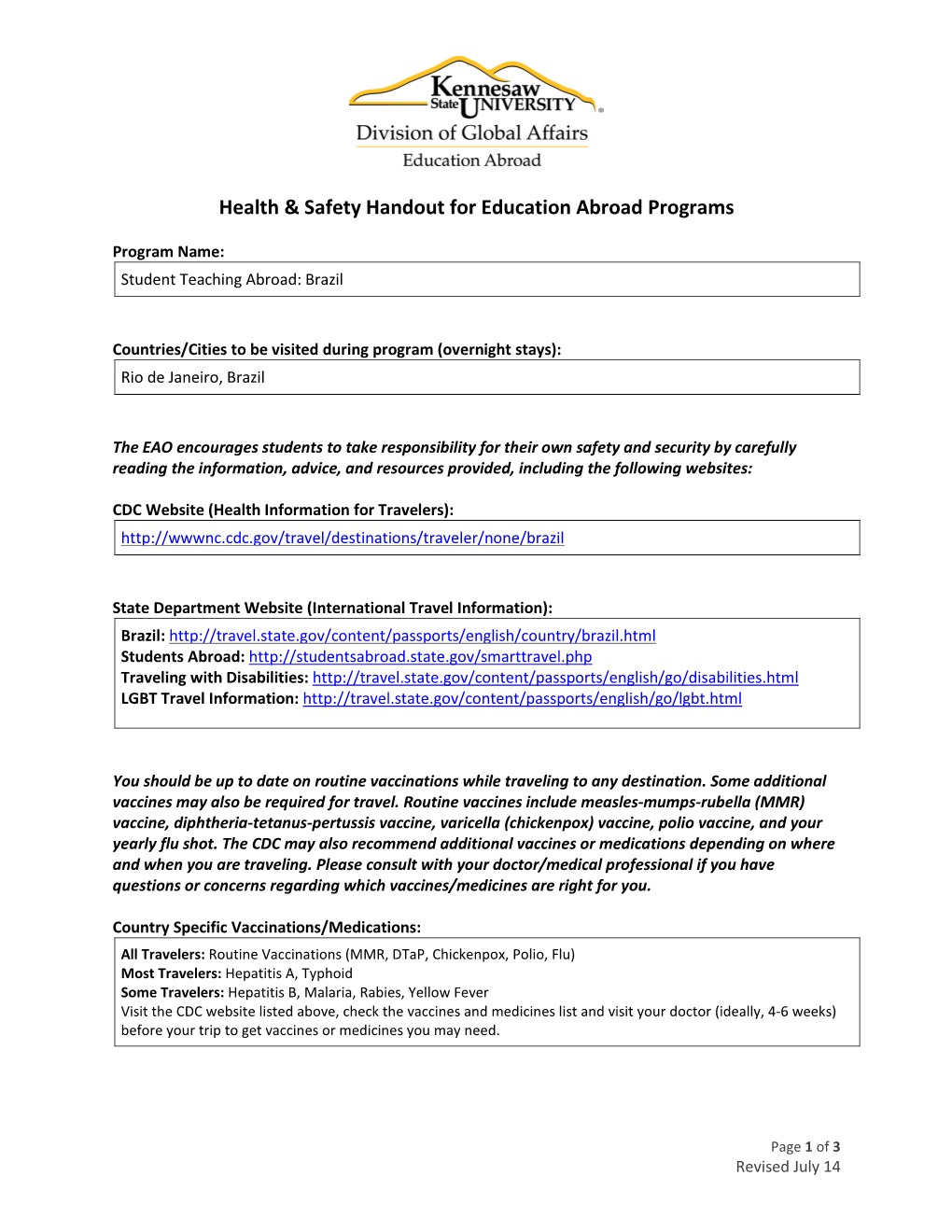 Health & Safety Handout for Education Abroad Programs