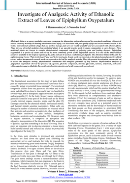 Investigate of Analgesic Activity of Ethanolic Extract of Leaves of Epiphyllum Oxypetalum