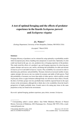 A Test of Optimal Foraging and the Effects of Predator Experience in the Lizards Sceloporus Jarrovii and Sceloporus Virgatus