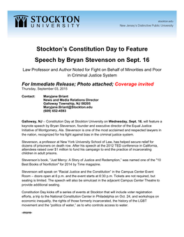 Stockton's Constitution Day to Feature Speech by Bryan Stevenson On