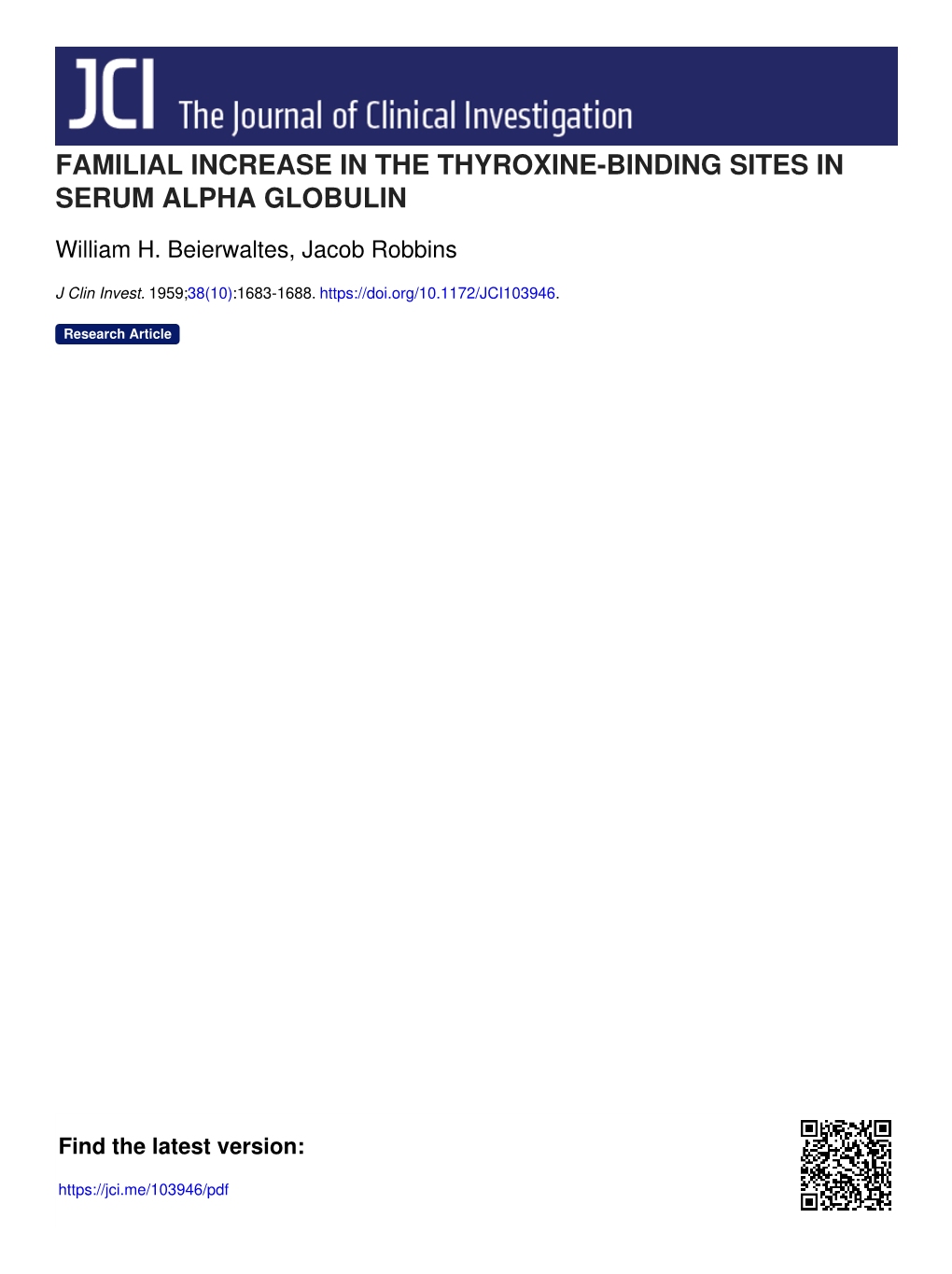 Familial Increase in the Thyroxine-Binding Sites in Serum Alpha Globulin