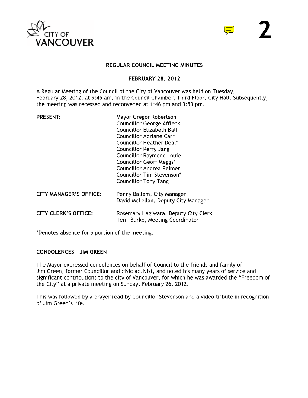 Regular Council Meeting Minutes