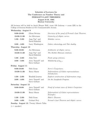 Schedule of Lectures for the Conference on Number Theory and FERMAT’S LAST THEOREM August 9-18, 1995 Boston University