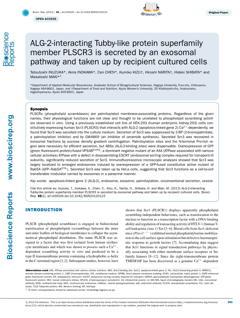 ALG-2-Interacting Tubby-Like Protein Superfamily Member PLSCR3 Is Secreted by an Exosomal Pathway and Taken up by Recipient Cultured Cells