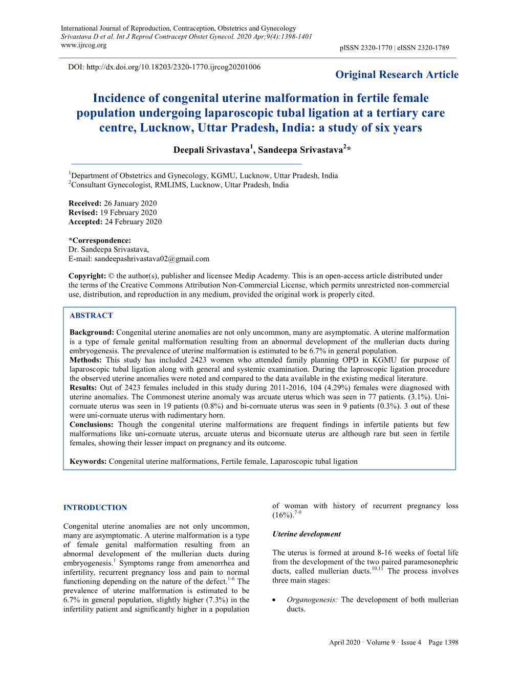 Incidence of Congenital Uterine Malformation in Fertile Female