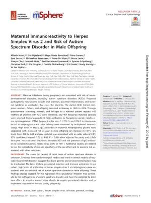 Maternal Immunoreactivity to Herpes Simplex Virus 2 and Risk of Autism Spectrum Disorder in Male Offspring