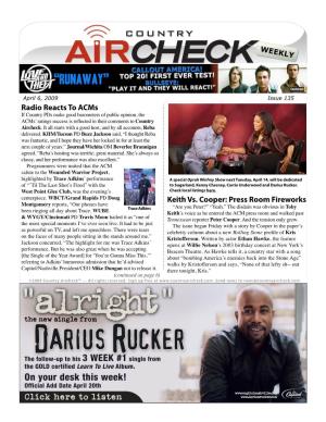 Issue 135 Radio Reacts to Acms If Country Pds Make Good Barometers of Public Opinion, the Acms’ Ratings Success Is Reflected in Their Comments to Country Aircheck