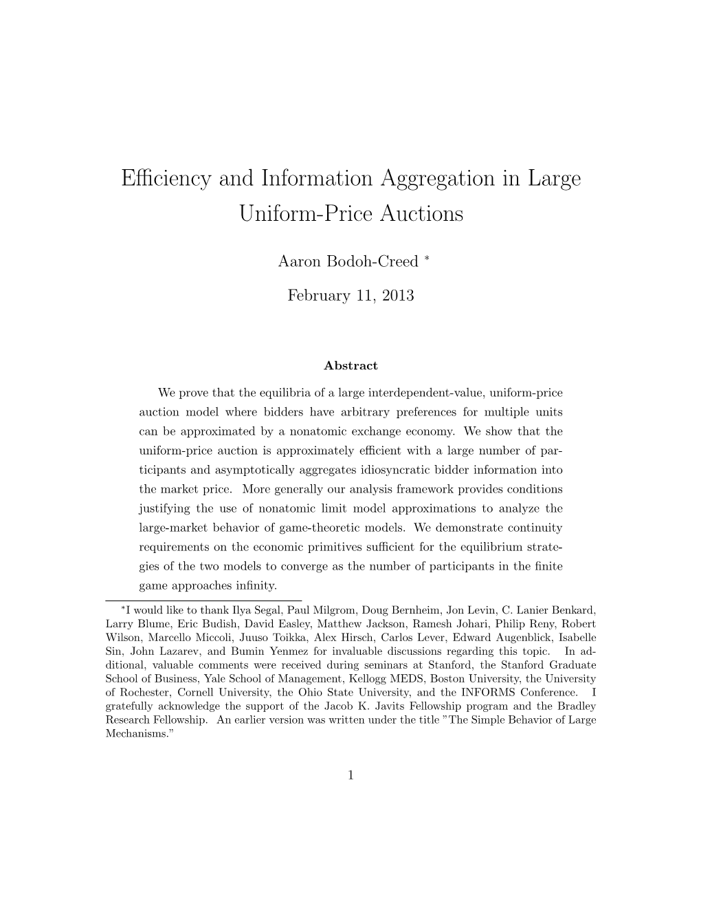 Efficiency and Information Aggregation in Large Uniform-Price