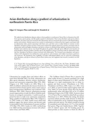 Avian Distribution Along a Gradient of Urbanization in Northeastern Puerto Rico