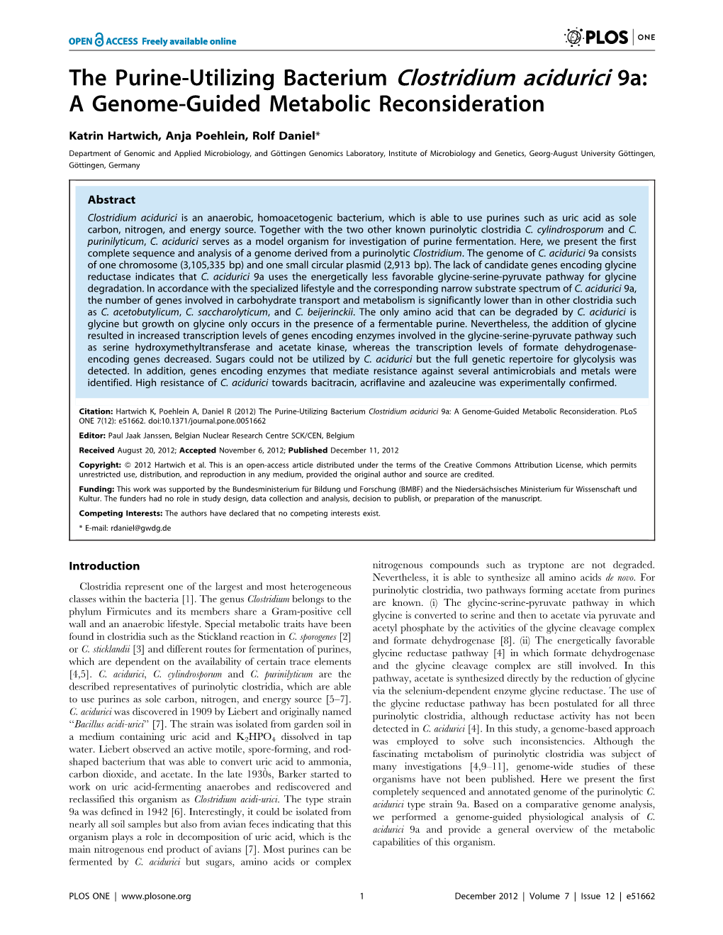 The Purine-Utilizing Bacterium Clostridium Acidurici 9A: a Genome-Guided Metabolic Reconsideration