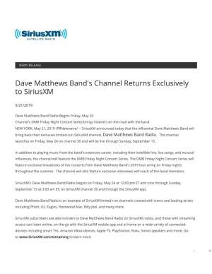 Dave Matthews Band's Channel Returns Exclusively to Siriusxm