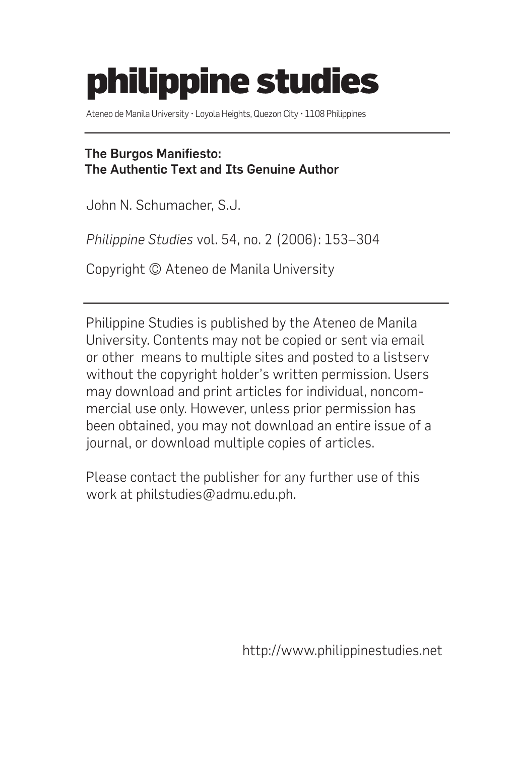 Philippine Studies Ateneo De Manila University • Loyola Heights, Quezon City • 1108 Philippines