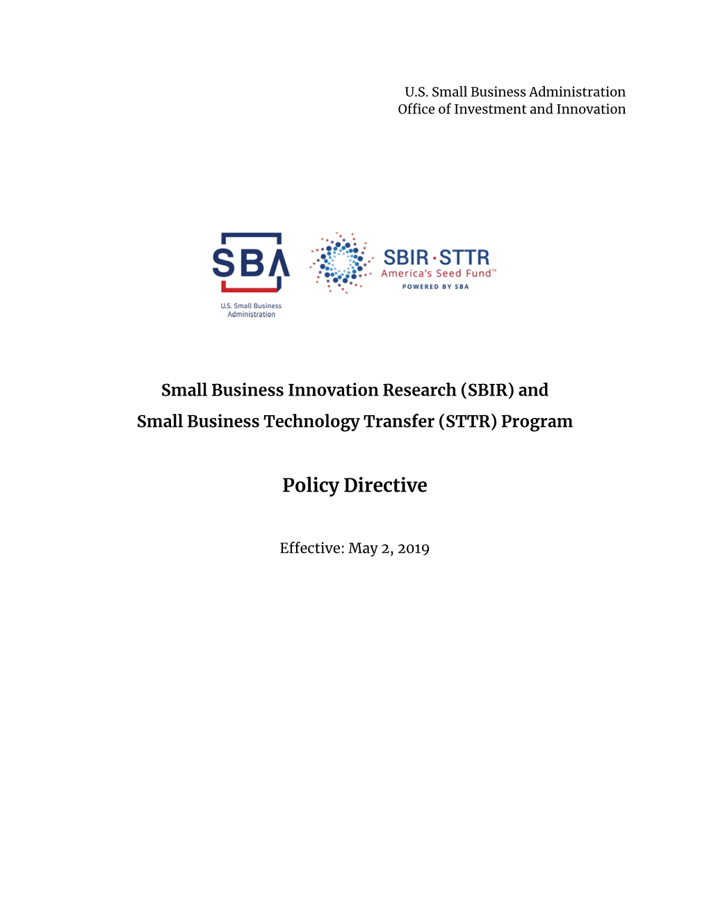 STTR Policy Directive Filed by SBA