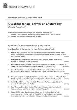 Future Oral Questions As of Wed 16 Oct 2019