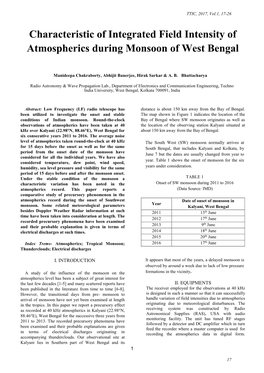 Characteristic of Integrated Field Intensity of Atmospherics During Monsoon of West Bengal