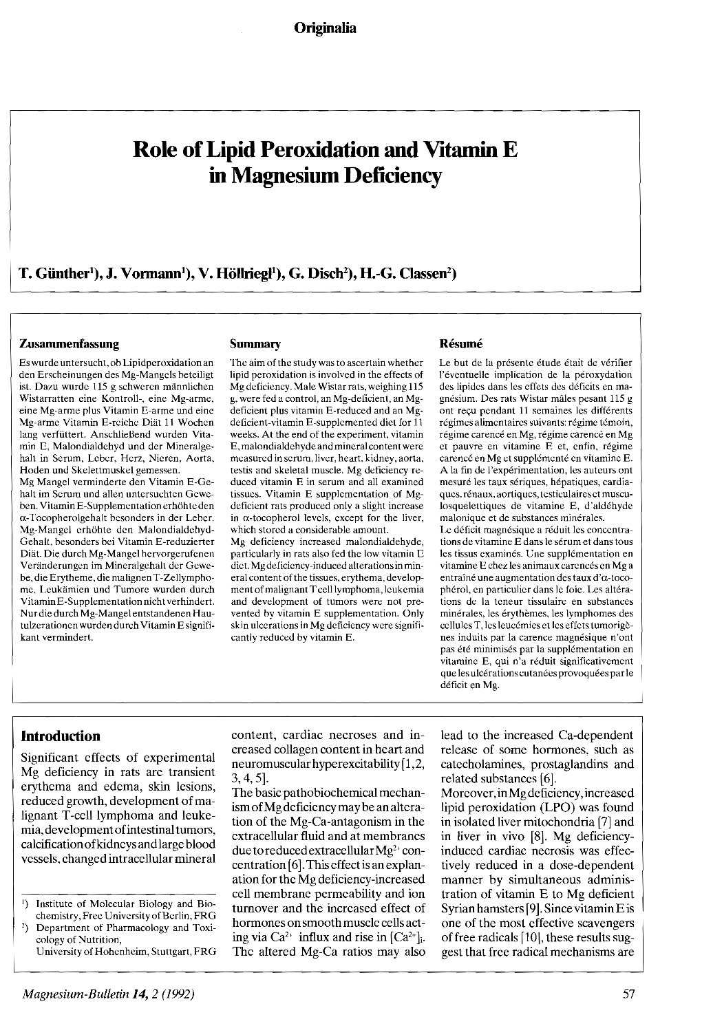 Role of Lipid Peroxidation and Vitamin E in Magnesium Deficiency