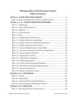 Michigan Rules of Professional Conduct Table of Contents
