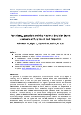 Psychiatry, Genocide and the National Socialist State: Lessons Learnt, Ignored and Forgotten