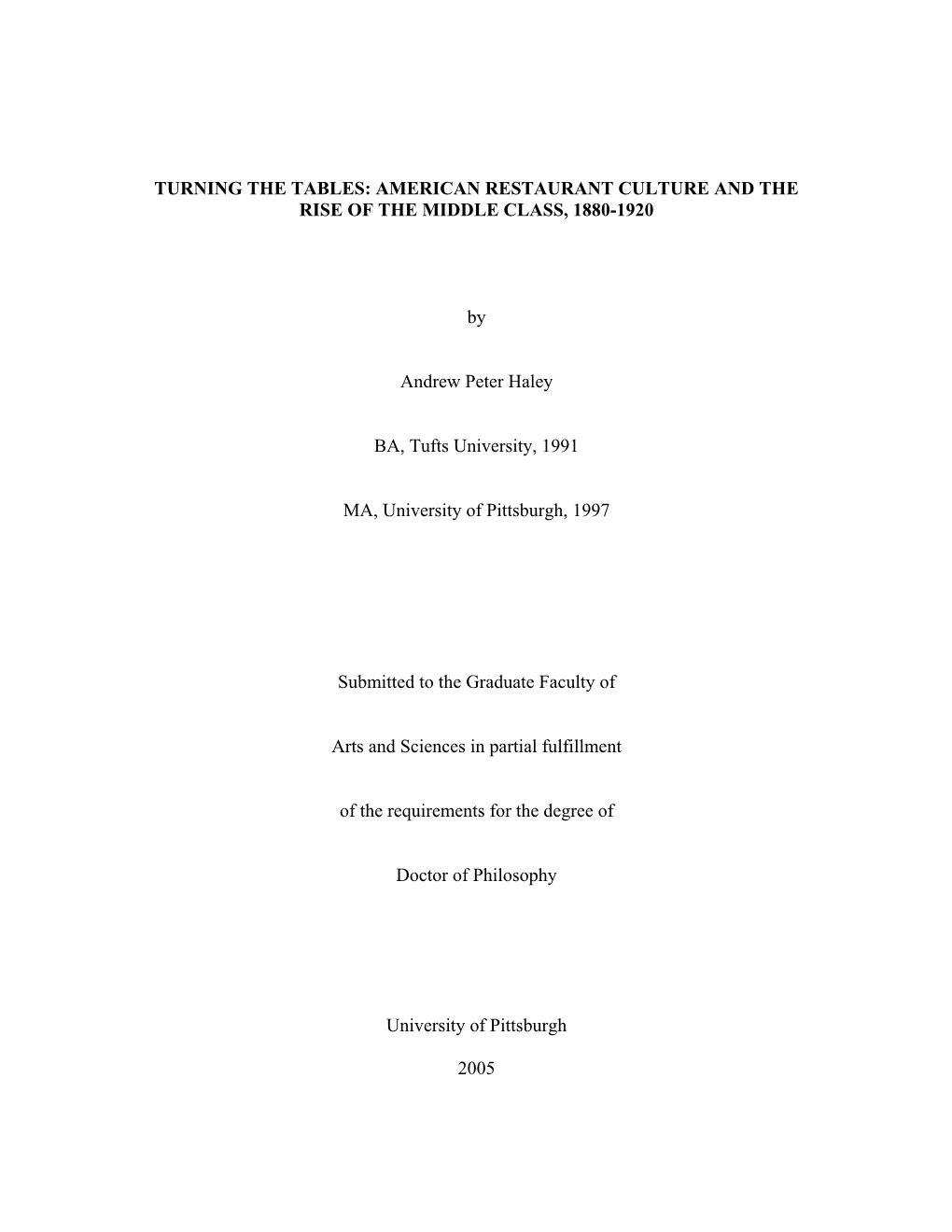 American Restaurant Culture and the Rise of the Middle Class, 1880-1920