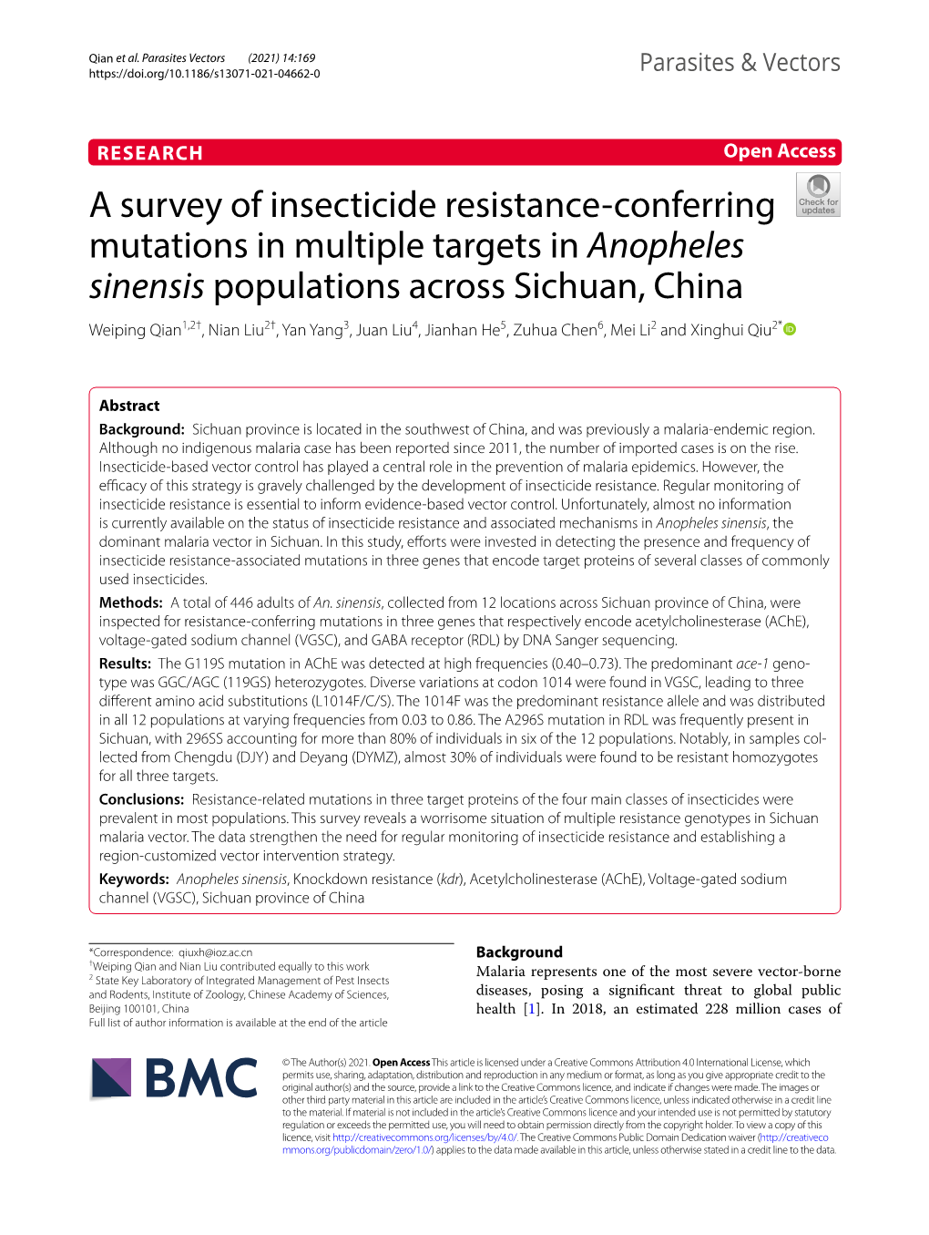 A Survey of Insecticide Resistance-Conferring Mutations in Multiple Targets in Anopheles Sinensis Populations Across Sichuan, Ch