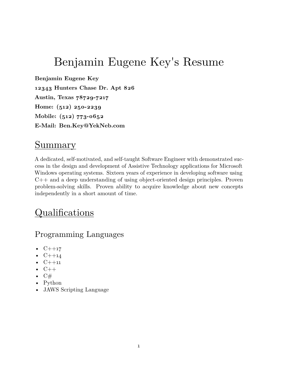 Benjamin Eugene Key's Resume