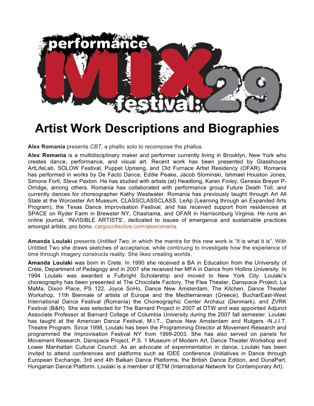Performance Mix Festival Work Descriptions