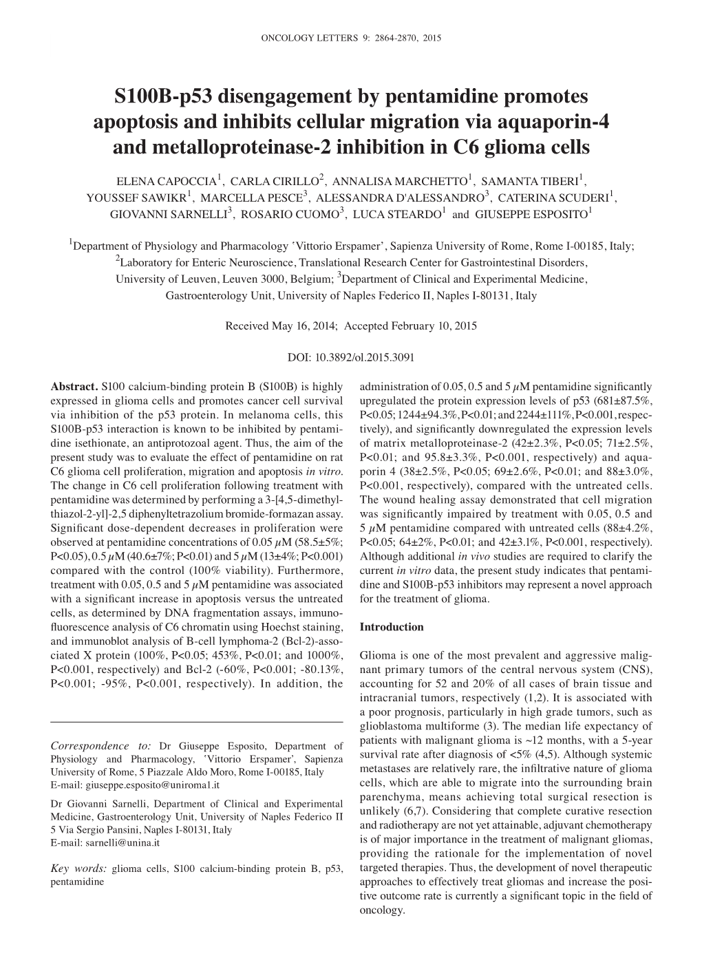 S100B-P53 Disengagement by Pentamidine Promotes Apoptosis and Inhibits Cellular Migration Via Aquaporin-4 and Metalloproteinase-2 Inhibition in C6 Glioma Cells