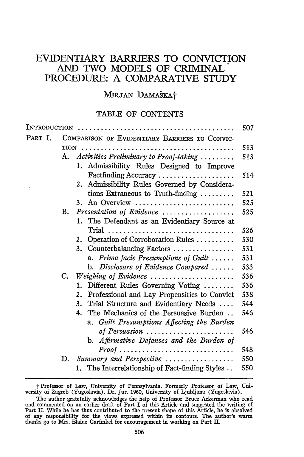 Evidentiary Barriers to Conviction and Two Models of Criminal Procedure: a Comparative Study