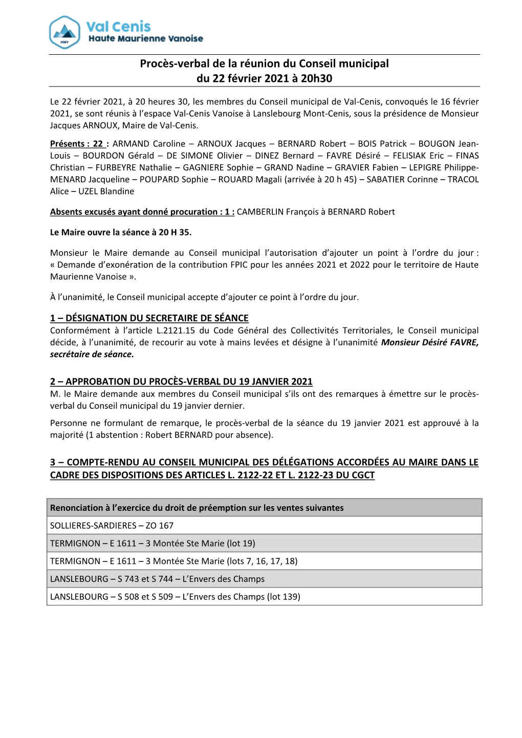 Procès-Verbal De La Réunion Du Conseil Municipal Du 22 Février 2021 À 20H30