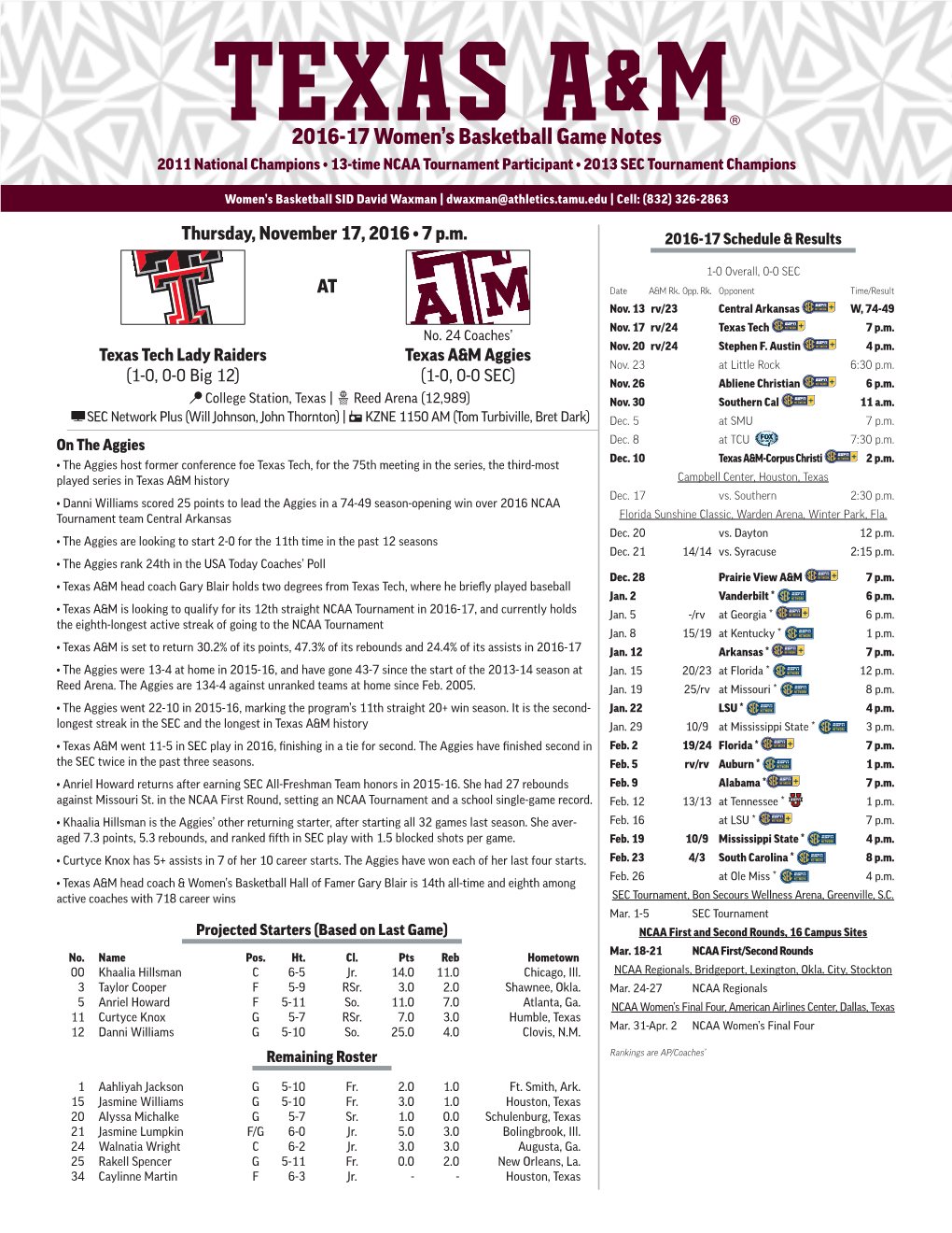 2016-17 Women's Basketball Game Notes