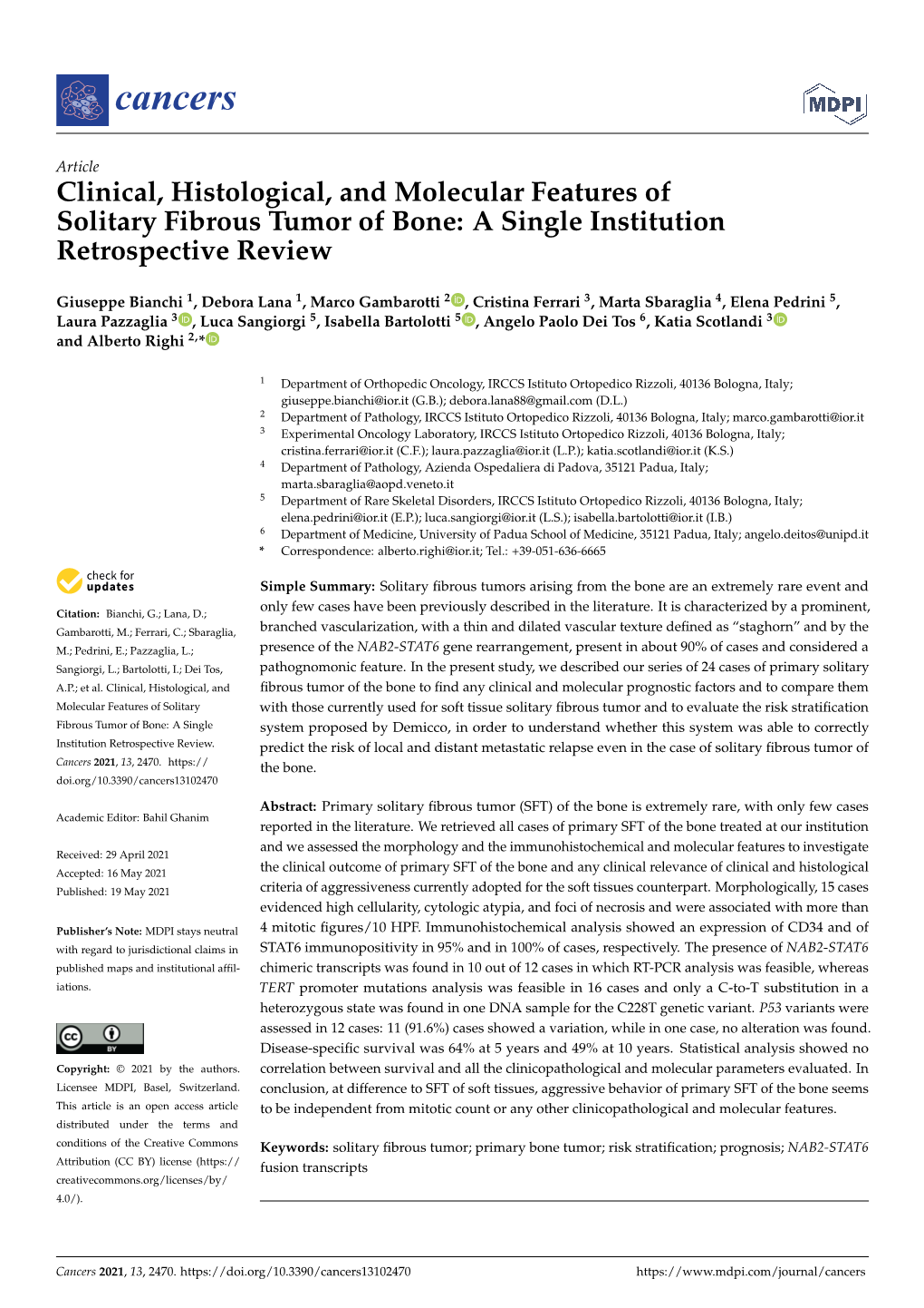 Clinical, Histological, and Molecular Features of Solitary Fibrous Tumor of Bone: a Single Institution Retrospective Review