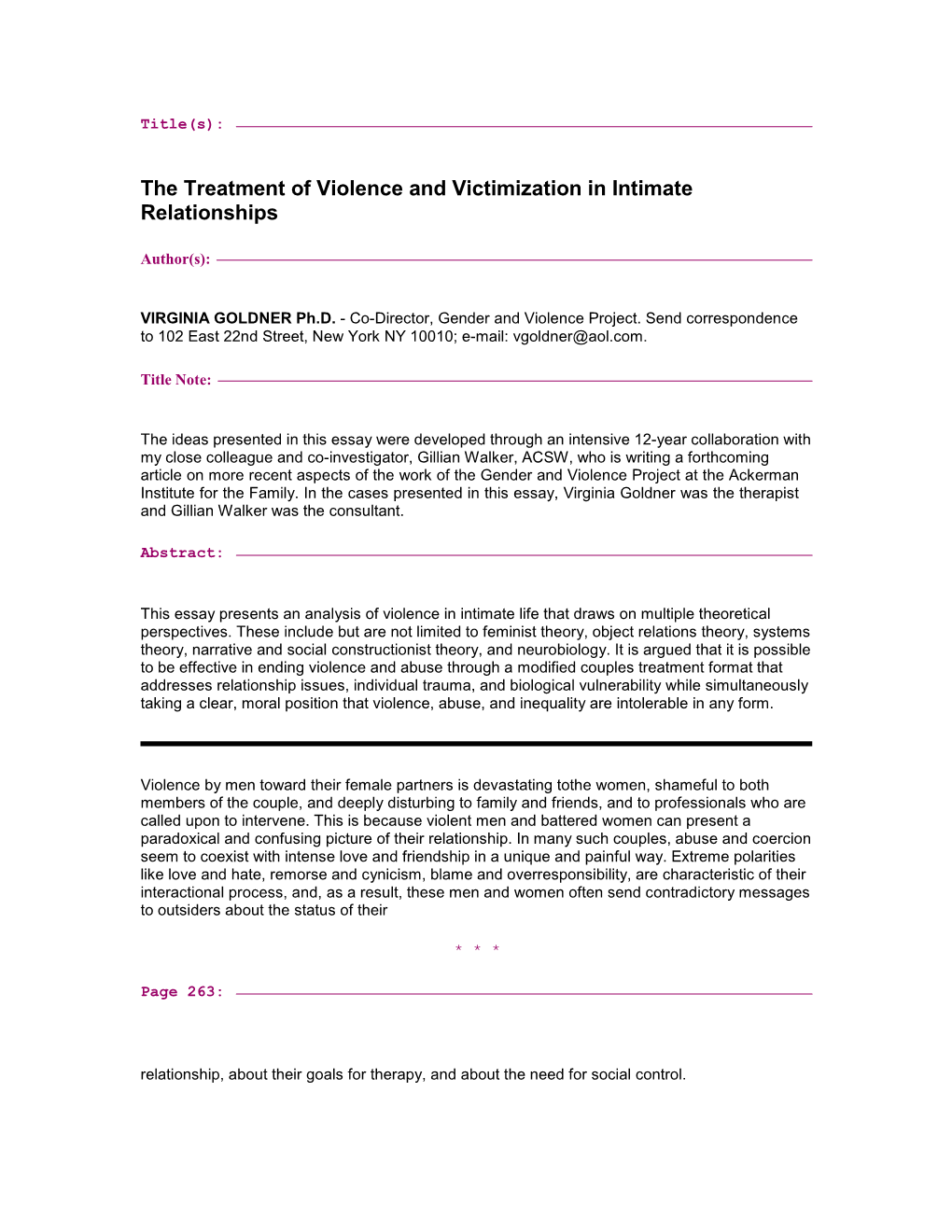 The Treatment of Violence and Victimization in Intimate Relationships