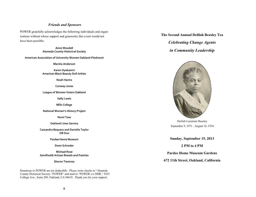 Delilah Beasley Tea Have Been Possible: Celebrating Change Agents Anne Woodell Alameda County Historical Society in Community Leadership