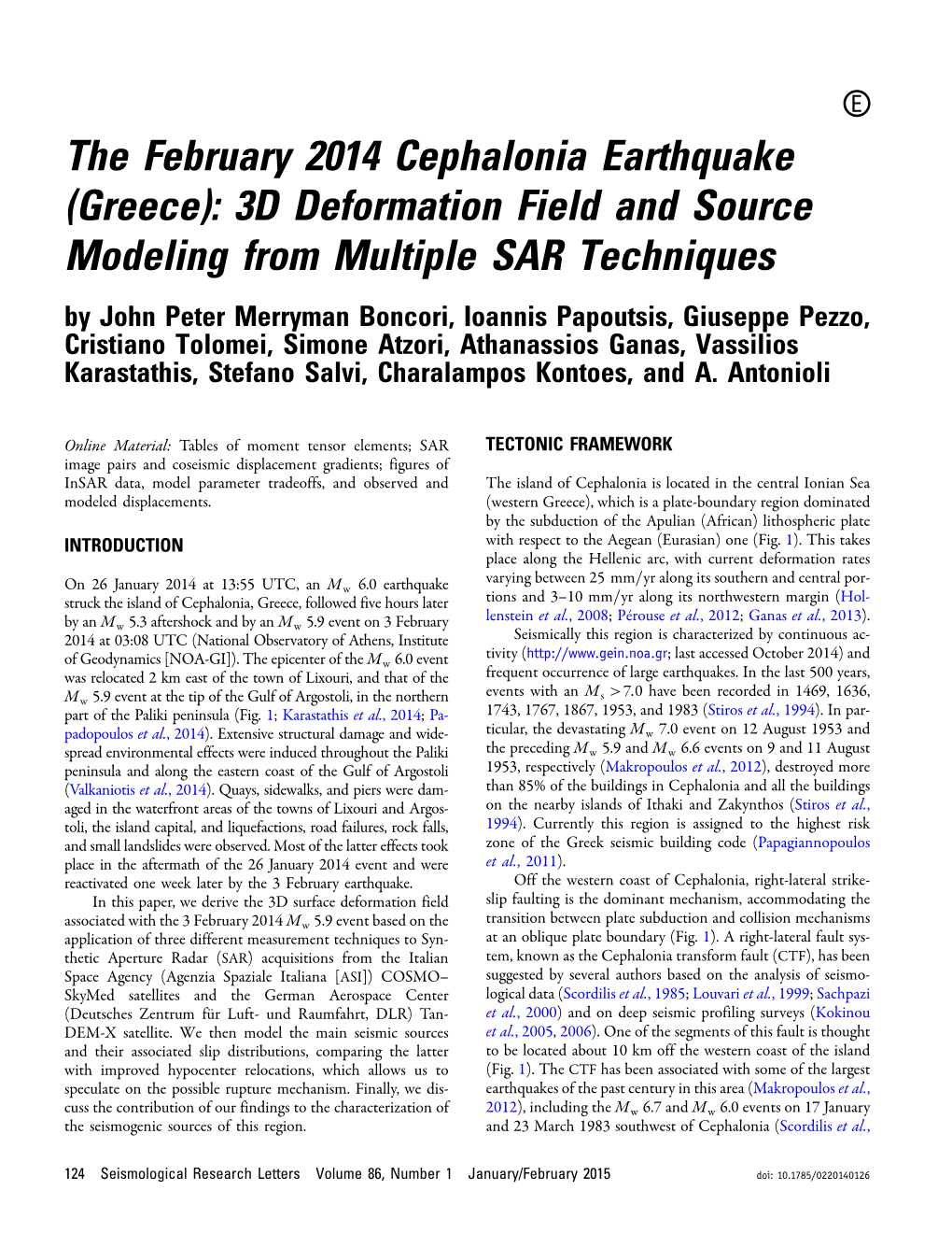 The February 2014 Cephalonia Earthquake (Greece): 3D Deformation Field and Source Modeling from Multiple SAR Techniques